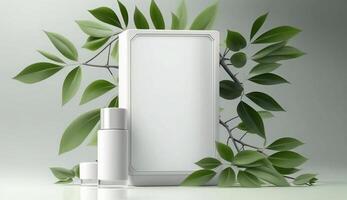 Podium template with foliage drop shadow for product. Beauty mockup with empty tray presentation. . photo