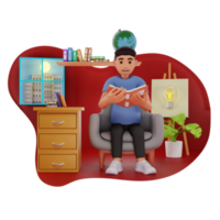 hombre leyendo libro mientras sentado en sofá 3d personaje ilustración png