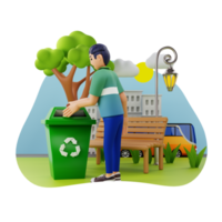 homme jeter déchets dans recycler poubelle 3d personnage illustration png