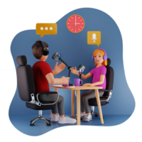 Man And Woman Recording A Podcast Conversation 3D Character Illustration png