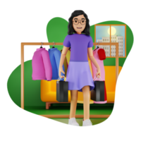 mulher fazendo roupas compras 3d personagem ilustração png