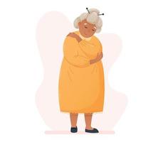 Self love concept. Cute Flat Old Woman in a dress hugging herself. Vector cartoon isolated smiling grandmother with hairstyle.