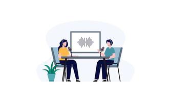 podcast concepto. ilustración acerca de podcasting. podcaster Hablando en micrófono ilustración vector