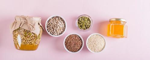 Sunflower, Flax, Sesame, Pumpkin Seeds and Honey for a Healthy Immune Blend top view web banner photo