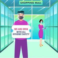 Cartoon Man wearing Protective Mask with Face Shield and We Are Open With All Hygienic SafetyMessage Board Hold and Modern Woman in Shopping Mall. vector