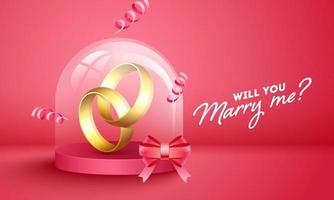 Wedding Ring Inside a Glass Ball with Bow Ribbon and Will You Marry Me Text on Glossy Red Background for Proposal Concept. vector