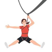 Woman doing rope slide ride. Hand on line over crossing cliff. Zip line rope concept banner. Cartoon illustration of zip line rope vector concept banner for web design