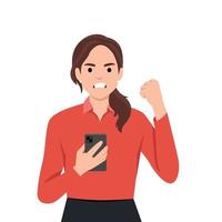 enojado mujer de negocios Hablando en teléfono inteligente y gritos o gritando y levantamiento puño gesto. tecnología vector