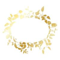 Trendy gold tropical leaves of different creepers with ellipse of white sheet. Card with exotic leaves frame of lians. vector