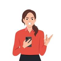 Online quarrelling, conflict, showdown, bullying concept. Young aggressive woman cartoon character quarrelling online with somebody during video call, chat, message, application for communication vector