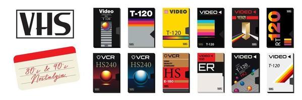 Collection Pack of Vintage VHS Covers for Blank Tapes. Retro technology from 80's and 90's. Templates and layouts for old school graphic projects vector