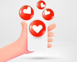 Man holding smartphone with hearts media icons. Vector 3d illustration