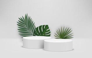 Bright room with podium and green leaves. Eco friendly product showcase template. 3d vector background