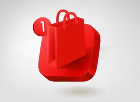 Red paper shopping bag on red platform. 3d vector mobile application icon