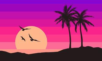 Retrowave, synthwave or vaporwave beach in 80's landscape with sun and palm trees vector