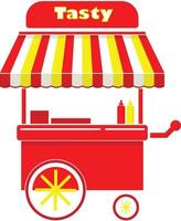 A roaming food cart with a bright orange shade and colorful wheels vector