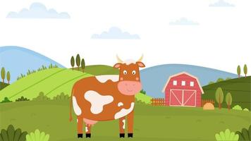 Summer landscape on a farm with cute cow. Milk farm. Cow on rural landscape. Domestic animal on the background of countryside. vector