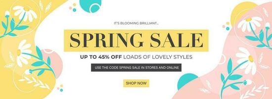 Spring Sale Header or Banner Design Decorated with Daisy Flowers and Leaves. vector