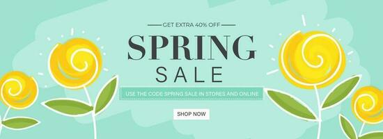 Spring Sale Header or Banner Design with Get Extra Off and Yellow Flowers on Pastel Turquoise Background. vector