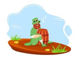 Cartoon Leprechaun Man Singing with Barrel and Golden Coins on Brown and Blue Background for St. Patrick's Day. vector