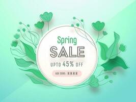 Spring Sale Poster Design with Discount Offer and Leaves on Glossy Green Background. vector