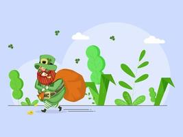 Illustration of Cartoon Leprechaun Man Lifting a Heavy Sack and Green Leaves on Blue Background. vector