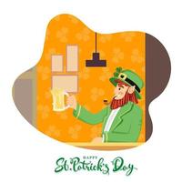 Happy St. Patrick's Day Font with Smoker Leprechaun Man holding Beer Mug on Abstract Interior Background. vector