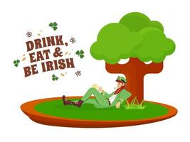 Drink Eat Be Irish Text with Shamrock Leaves and Smoker Leprechaun Man holding Beer Mug Sit Under the Tree on White Background. vector