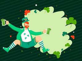 Cartoon Leprechaun Man holding Beer Mugs with Shamrock Leaves Decorated on Green Strip Background with Space For Text. vector