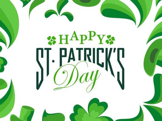 Happy St. Patrick's Day Font on White Background Decorated with Leprechaun Hat, Shamrock Leaves and Green Arc Drops.