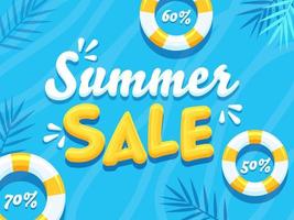 3D Summer Sale Text with Different Discount Offers and Swimming Rings on Blue Background. vector