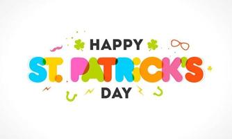 Colorful Happy St. Patrick's Day Text with Shamrock Leaves and Horseshoe on White Background. vector