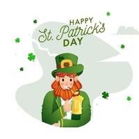 Illustration of Leprechaun Man Celebrating with Drink, Smoking Pipe and Shamrock Leaves Decorated on Abstract Background for Happy St. Patrick's Day. vector