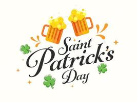 Saint Patrick's Day Font with Cheers Beer Mugs and Shamrock Leaves on White Background. vector