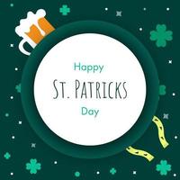 Happy St. Patrick's Day Text On White Circular Frame With Beer Mug, Horseshoe And Shamrock Leaves Decorated Green Background. vector