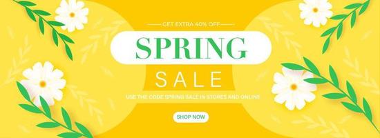 Spring Sale Header or Banner Design with Get Extra Off, Flowers and Leaves Decorated on Yellow Background. vector