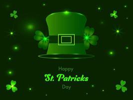 Happy St. Patricks Day Text With Leprechaun Hat Shamrock Leaves And Light Effect On Green Background. vector