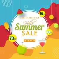 Hello Summer Sale Poster Design with Different Discount Offer on Colorful Abstract Background. vector