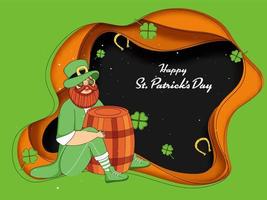 Happiness Leprechaun Man holding Barrel in Sitting Pose with Shamrock Leaves and Horseshoe on Green and Orange Paper Layer Cut Background for Happy St. Patricks Day. vector