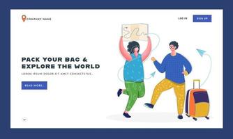 Pack Your Bag Explore The World Landing Page Design with Tourist Character holding Map Navigation and Luggage Bag. vector