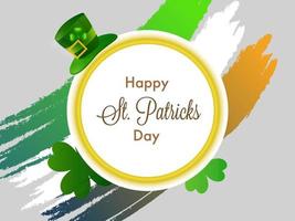 Happy St. Patricks Day Text On Circular Frame With Shamrock Leaves Leprechaun Hat And Tricolor Brush Stroke Background. vector