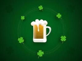 Glossy Beer Mug With Shamrock Or Clover Leaves On Green Background. vector