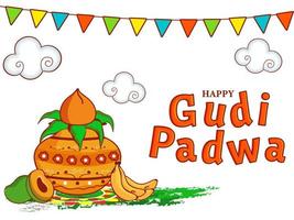 Illustration of Worship Pot with Fruits and Clouds on White Background for Happy Gudi Padwa Celebration Concept. vector