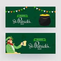 Happy St. Patricks Day Header or Banner Design Set with Golden Coins Pot and Cartoon Leprechaun Man holding Beer Mug on Green Texture Background. vector