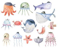 Marine Life Cute element Animal Life in under sea world. Underwater fish. Childish Cartoon watercolor illuration, nersery, design, decor vector