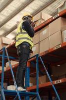 almacén trabajadores en un grande almacén escalada el escalera a inspeccionar el bienes en el parte superior estantes. foto