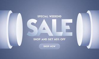 Special Weekend Sale Banner Design with Discount Offer and 3D Circle Overlap on Glossy Grey Blue Background. vector