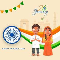 Indian Couple Doing Welcome With Famous Monuments On The Occasion Of 26th January, Happy Republic Day. vector
