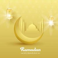 islámico santo mes de Ramadán Mubarak con dorado creciente luna, papel mezquita y colgando iluminado linternas en amarillo antecedentes. vector