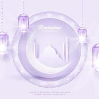 islámico santo mes de Ramadán Mubarak con creciente Luna y papel mezquita y colgando linternas en lavanda color antecedentes. vector